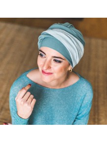 Turbante oncológico Elegance Aguamarina Gold de bambú con banda de gasa y topos dorados para mujer