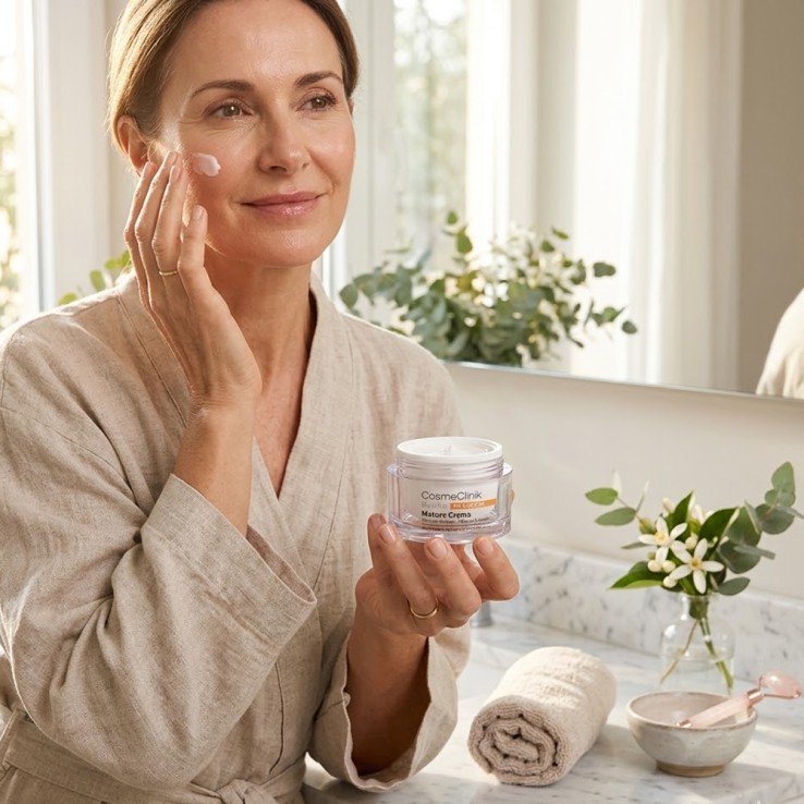 Mujer con piel madura luminosa tras aplicar el tratamiento Basiko Mature