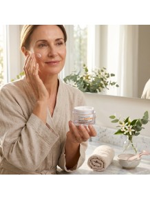 Mujer con piel madura luminosa tras aplicar el tratamiento Basiko Mature