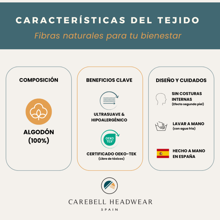 Interior de algodón 100% sin costuras para proteger el cuero cabelludo sensible