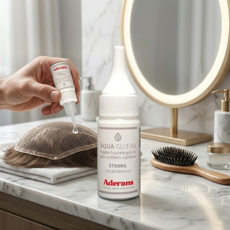 Bote de fijador líquido Aqua Glue Fix para prótesis capilares de Aderans.