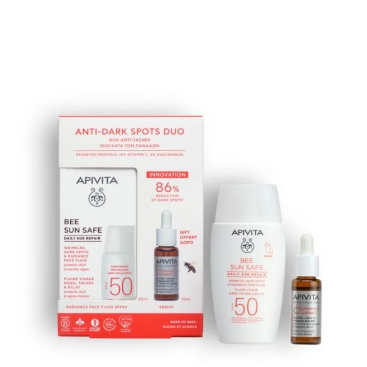 Set promocional Apivita con fluido protector y sérum antioxidante.