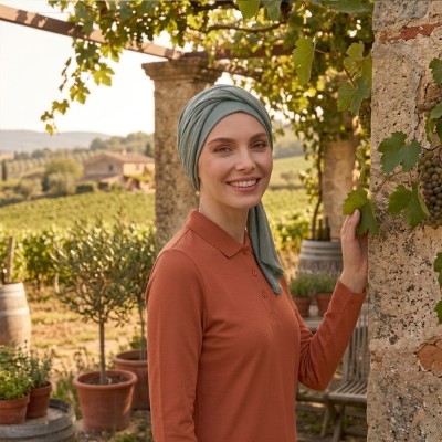 Turbante oncológico modelo Smooth Verde Gold con cintas integradas 2