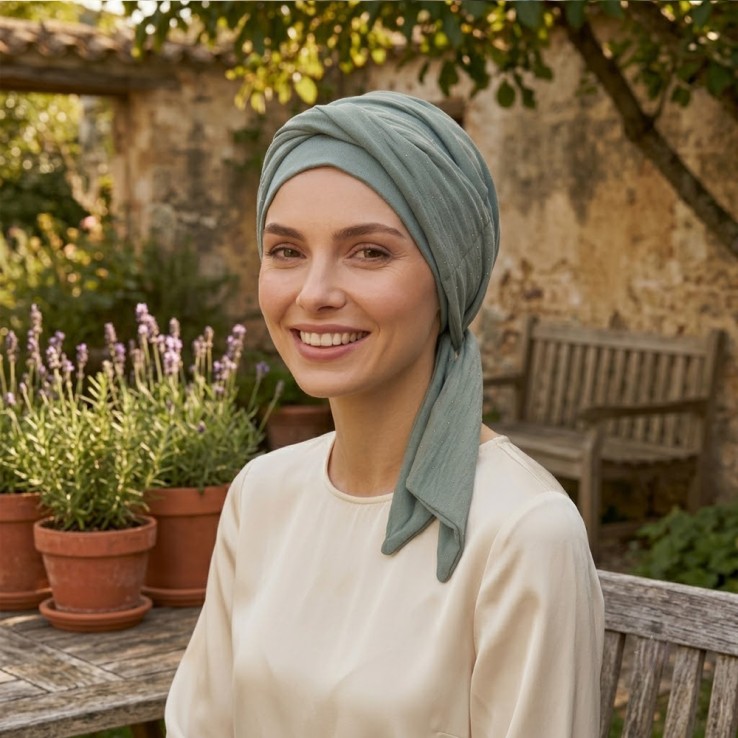 Turbante oncológico modelo Smooth Verde Gold con cintas integradas