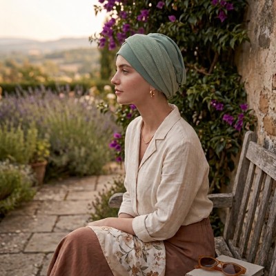 Turbante oncológico modelo Elegance Verde Gold con diseño cruzado frontal. 2