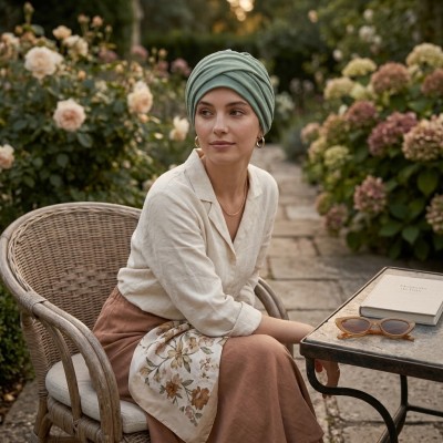 Turbante oncológico modelo Elegance Verde Gold con diseño cruzado frontal.