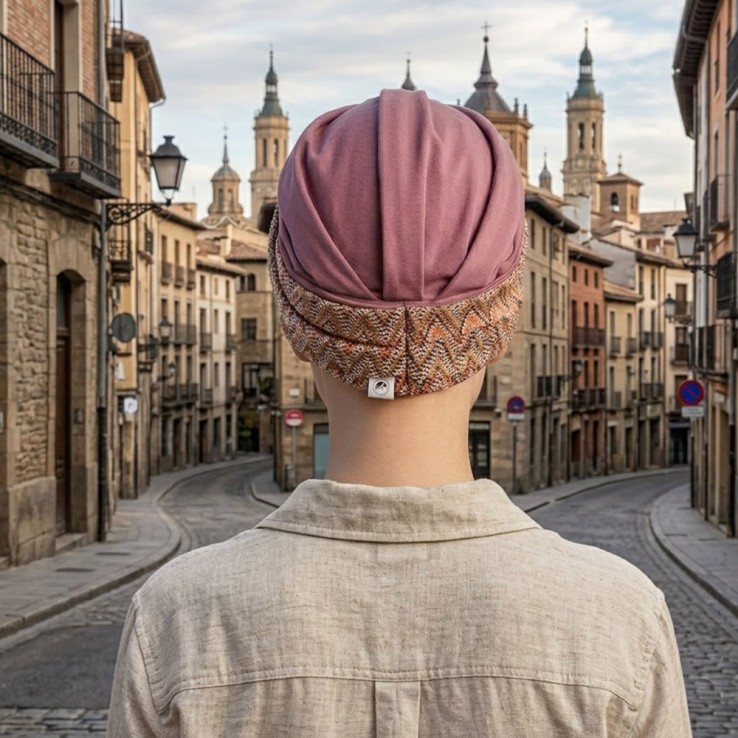 Detalle del contorno tipo diadema con estampado geométrico en tonos tierra, rosa y blanco.