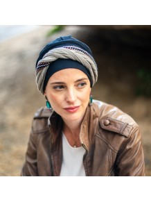 Turbante Oncológico Elegance Knit Blue en Tejido de Bambú · Carebell Headwear