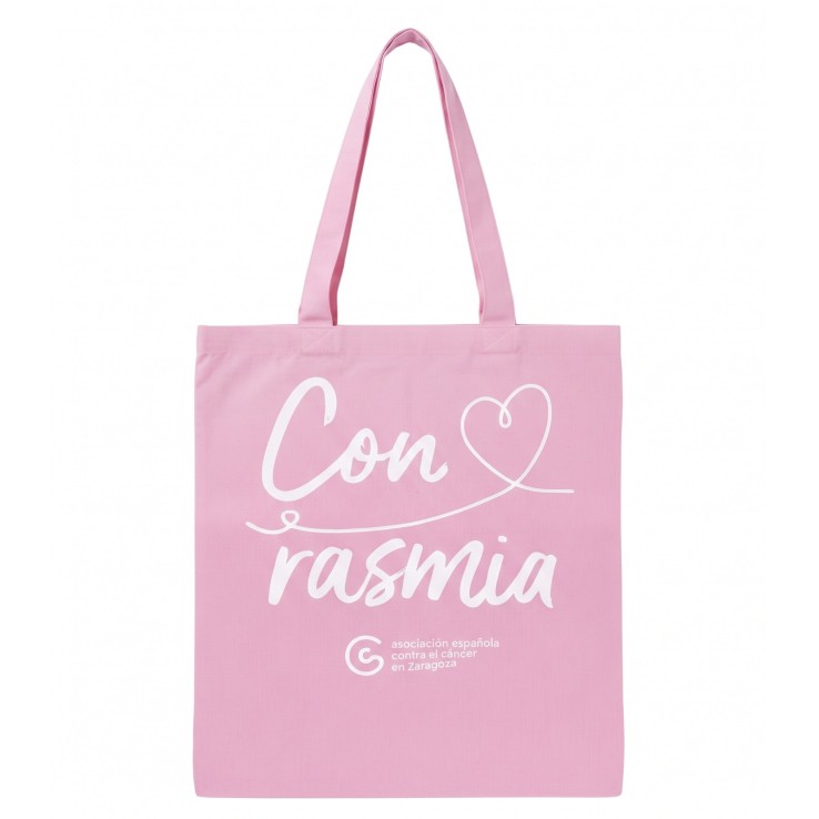 Bolsa de tela rosa solidaria oficial de la Asociación Española Contra el Cáncer disponible en Carebell.