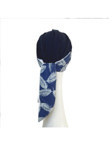 Vista trasera del modelo Smooth Denim Palms Carebell Headwear, asjute fácil y diseño preformado para rápida colocación